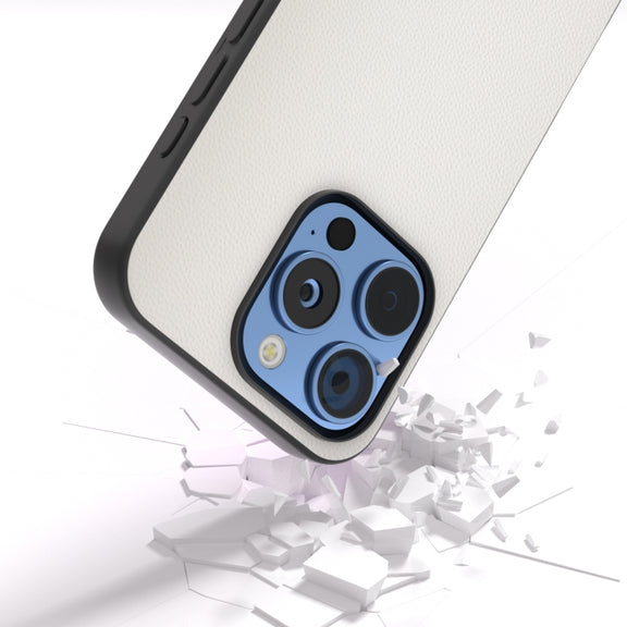 For iPhone 16 Pro Max ABEEL Black Frame Genuine Leather Elegant Phone Case(White)
