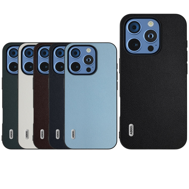 For iPhone 16 Pro Max ABEEL Black Frame Genuine Leather Elegant Phone Case(White)