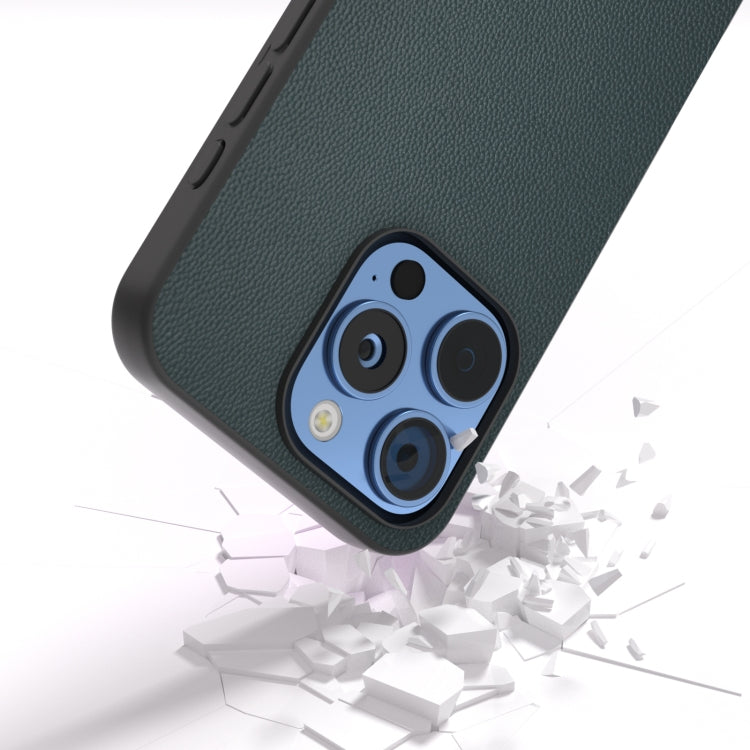 For iPhone 16 Pro ABEEL Black Frame Genuine Leather Elegant Phone Case(Green)
