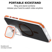For iPhone 16 Pro Max Magsafe Dual-Color Carbon Fiber Lens Film Phone Case with Lens Fold Holder(Black)