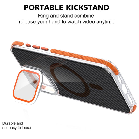 For iPhone 16 Pro Max Magsafe Dual-Color Carbon Fiber Lens Film Phone Case with Lens Fold Holder(Gray)