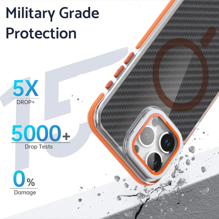 For iPhone 16 Pro Max Magsafe Dual-Color Carbon Fiber Lens Film Phone Case with Lens Fold Holder(Gray)