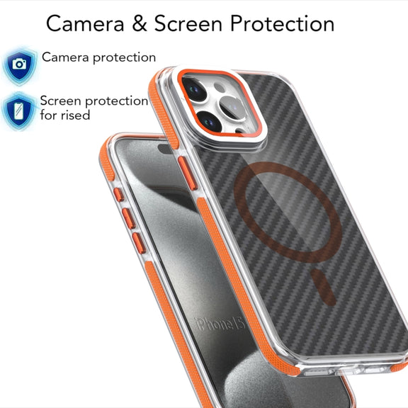For iPhone 16 Pro Max Magsafe Dual-Color Carbon Fiber Lens Film Phone Case with Lens Fold Holder(Black)