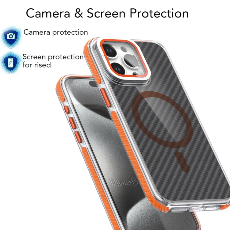 For iPhone 16 Pro Max Magsafe Dual-Color Carbon Fiber Lens Film Phone Case with Lens Fold Holder(Gray)