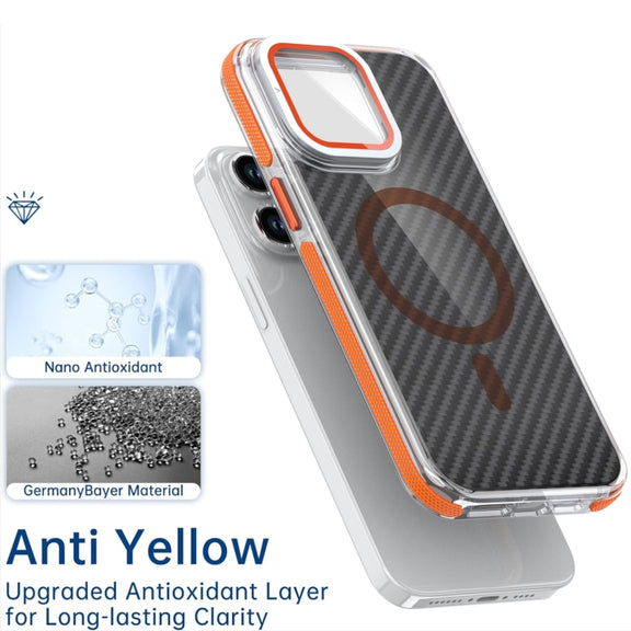 For iPhone 16 Pro Max Magsafe Dual-Color Carbon Fiber Lens Film Phone Case with Lens Fold Holder(Gray)