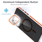 For iPhone 16 Pro Max Magsafe Dual-Color Carbon Fiber Lens Film Phone Case with Lens Fold Holder(Black)