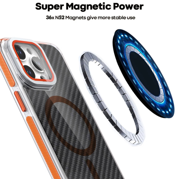 For iPhone 16 Pro Max Magsafe Dual-Color Carbon Fiber Lens Film Phone Case with Lens Fold Holder(Gray)