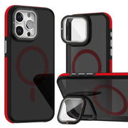 For iPhone 16 Pro Max Magsafe Dual-Color Skin Feel Lens Film Phone Case with Lens Fold Holder(Red)