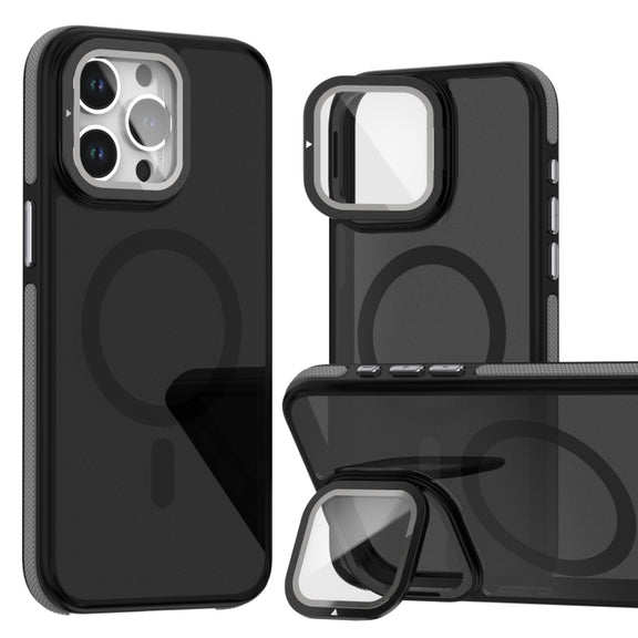 For iPhone 16 Pro Magsafe Dual-Color Skin Feel Lens Film Phone Case with Lens Fold Holder(Gray)