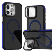 For iPhone 16 Pro Magsafe Dual-Color Skin Feel Lens Film Phone Case with Lens Fold Holder(Blue)