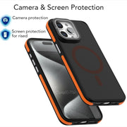 For iPhone 16 Plus Magsafe Dual-Color Skin Feel Lens Film Phone Case with Lens Fold Holder(Blue)