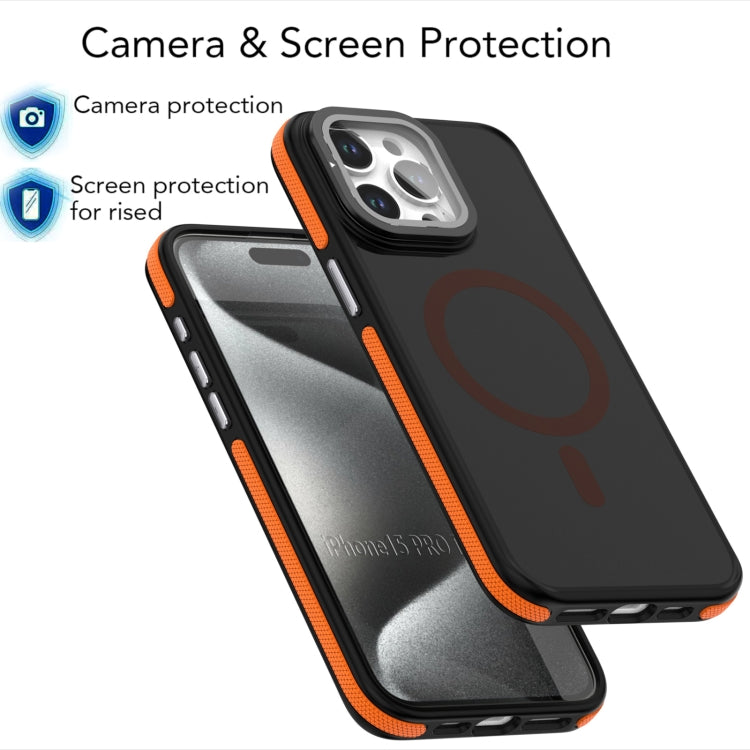 For iPhone 16 Pro Max Magsafe Dual-Color Skin Feel Lens Film Phone Case with Lens Fold Holder(Purple)