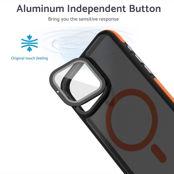 For iPhone 16 Plus Magsafe Dual-Color Skin Feel Lens Film Phone Case with Lens Fold Holder(Blue)