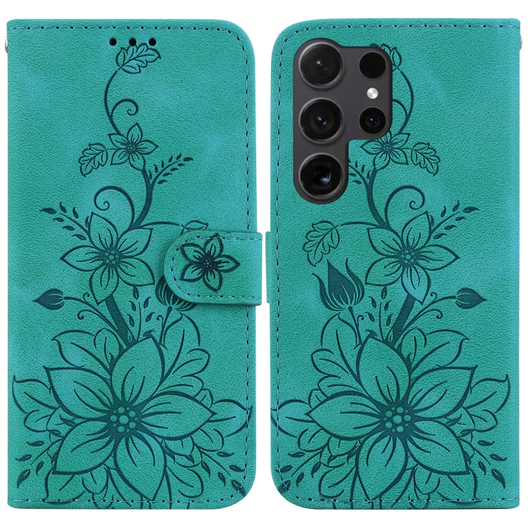 For Samsung Galaxy S25 Ultra 5G Lily Embossed Leather Phone Case(Green)