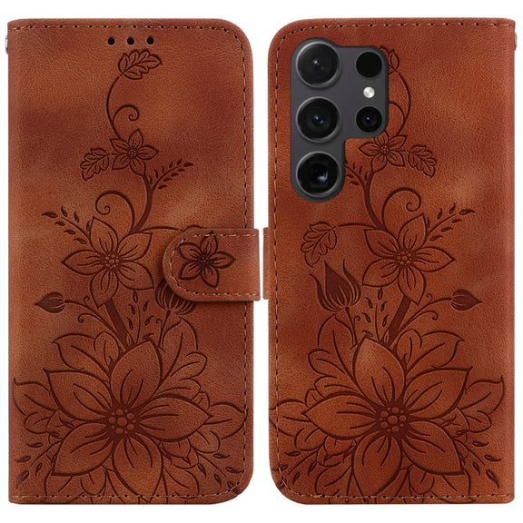 For Samsung Galaxy S25 Ultra 5G Lily Embossed Leather Phone Case(Brown)