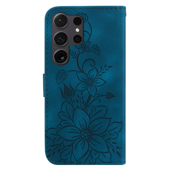 For Samsung Galaxy S25 Ultra 5G Lily Embossed Leather Phone Case(Dark Blue)