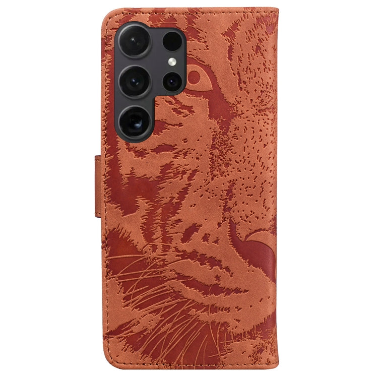 For Samsung Galaxy S25 Ultra 5G Tiger Embossing Pattern Flip Leather Phone Case(Brown)