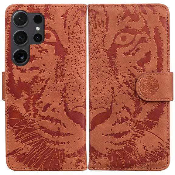 For Samsung Galaxy S25 Ultra 5G Tiger Embossing Pattern Flip Leather Phone Case(Brown)
