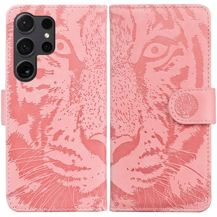 For Samsung Galaxy S25 Ultra 5G Tiger Embossing Pattern Flip Leather Phone Case(Pink)