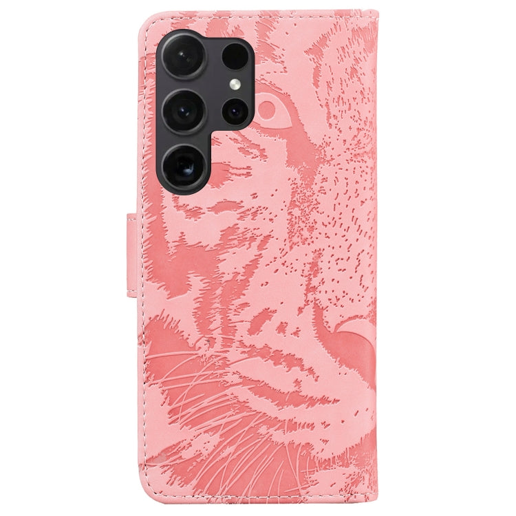 For Samsung Galaxy S25 Ultra 5G Tiger Embossing Pattern Flip Leather Phone Case(Pink)