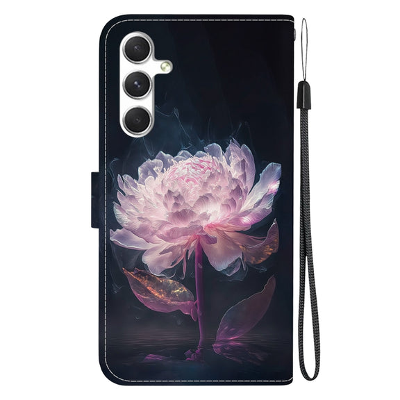 For Samsung Galaxy S25 5G Crystal Texture Colored Drawing Leather Phone Case(Purple Peony)