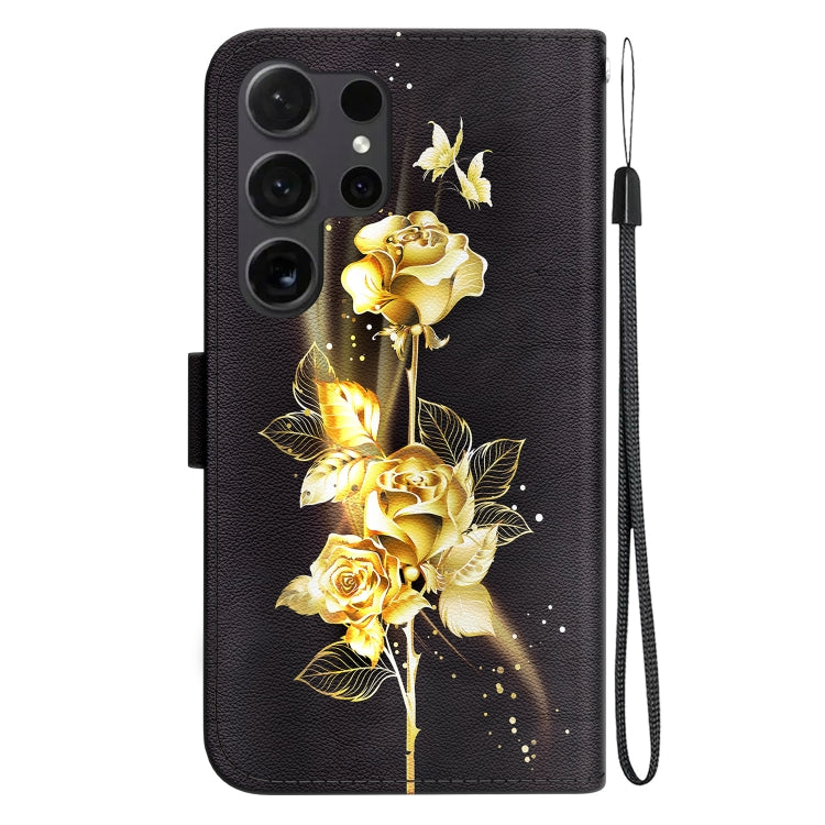 For Samsung Galaxy S25 Ultra 5G Crystal Texture Colored Drawing Leather Phone Case(Gold Butterfly Rose)