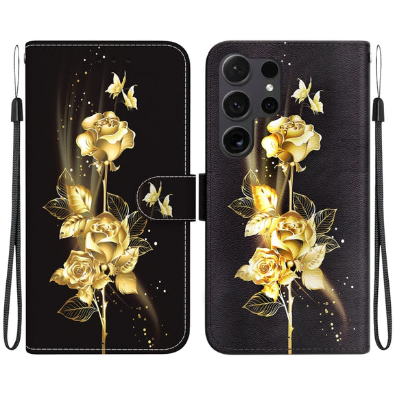 For Samsung Galaxy S25 Ultra 5G Crystal Texture Colored Drawing Leather Phone Case(Gold Butterfly Rose)