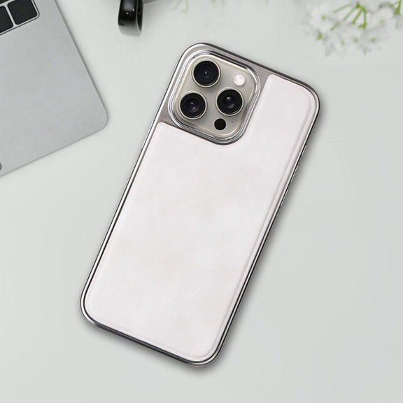 For iPhone 16 Electroplated Side PU Hybrid TPU MagSafe Phone Case(White)