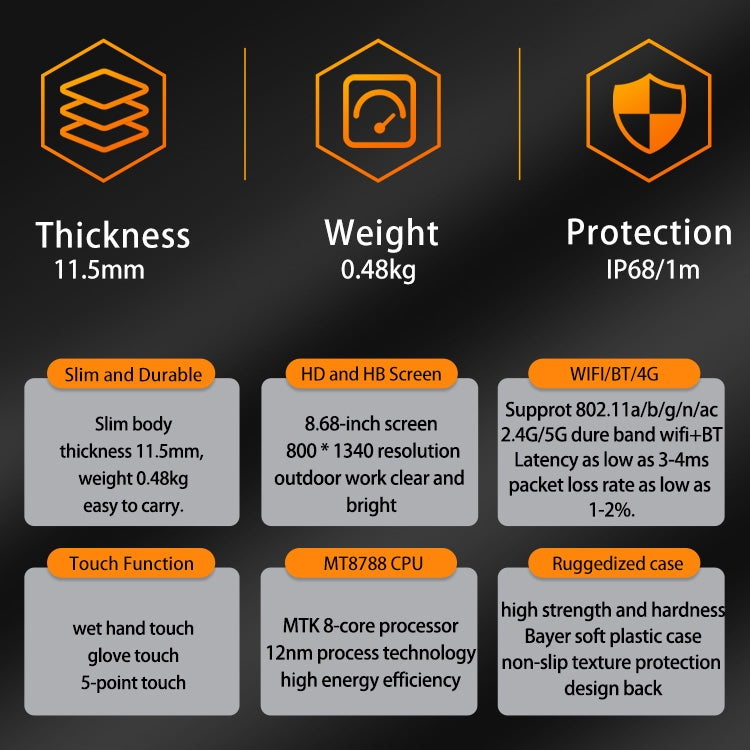 CENAVA A868T IP68 Rugged Tablet PC, 6GB+128GB, 8.68 inch Android 13 MT8788 Octa Core, 4G Network(EU Plug)