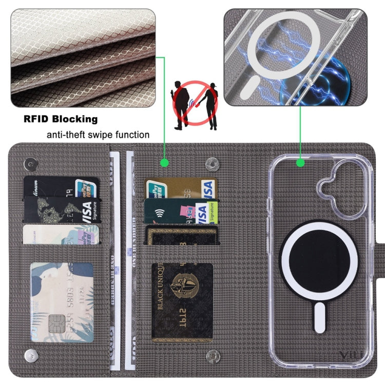 For iPhone 16 Plus ViLi GHA-C Series RFID MagSafe Magnetic Flip Leather Phone Case(Grey)