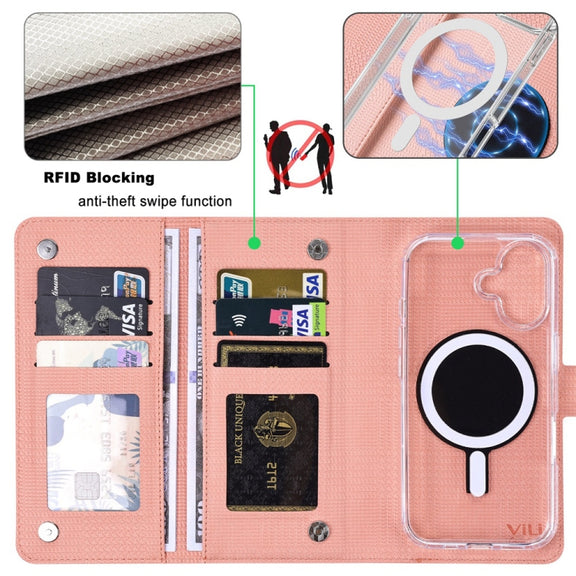 For iPhone 16 Plus ViLi GHA-C Series RFID MagSafe Magnetic Flip Leather Phone Case(Pink)