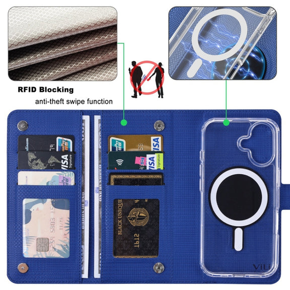 For iPhone 14 Plus ViLi GHA-C Series RFID MagSafe Magnetic Flip Leather Phone Case(Blue)