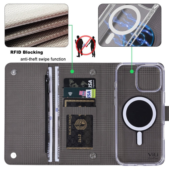 For iPhone 16 Plus ViLi GHB-C Series RFID MagSafe Magnetic Flip Leather Phone Case(Grey)