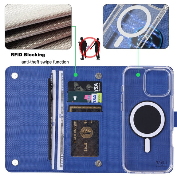 For iPhone 14 Pro ViLi GHB-C Series RFID MagSafe Magnetic Flip Leather Phone Case(Blue)