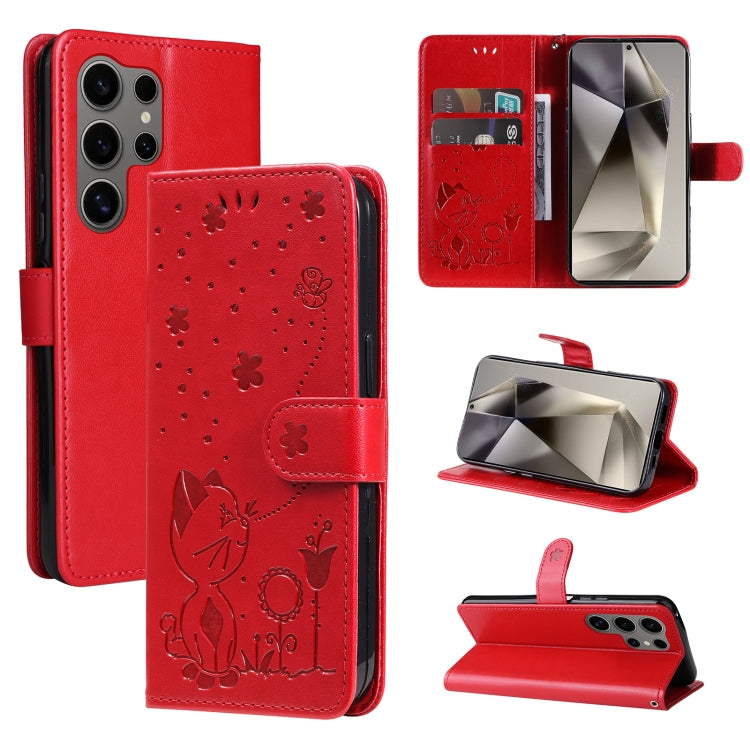 For Samsung Galaxy S25 Ultra 5G Cat and Bee Embossed Flip Leather Phone Case(Red)