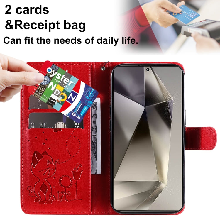 For Samsung Galaxy S25 Ultra 5G Cat and Bee Embossed Flip Leather Phone Case(Red)