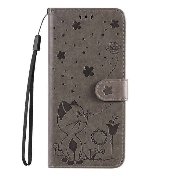For Samsung Galaxy S25 Ultra 5G Cat and Bee Embossed Flip Leather Phone Case(Grey)