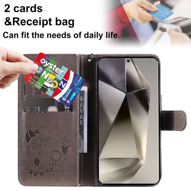 For Samsung Galaxy S25 Ultra 5G Cat and Bee Embossed Flip Leather Phone Case(Grey)