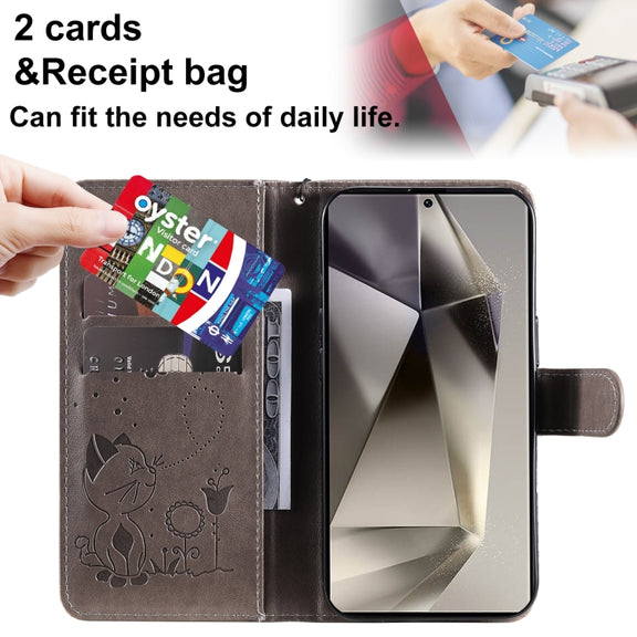 For Samsung Galaxy S25 Ultra 5G Cat and Bee Embossed Flip Leather Phone Case(Grey)