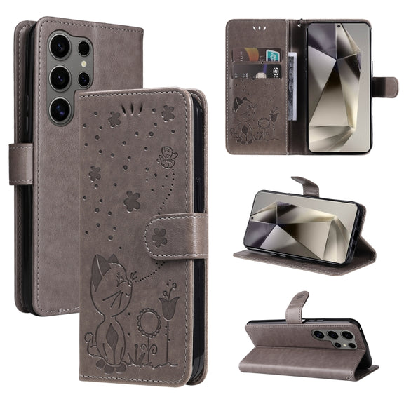 For Samsung Galaxy S25 Ultra 5G Cat and Bee Embossed Flip Leather Phone Case(Grey)