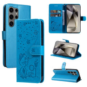 For Samsung Galaxy S25 Ultra 5G Cat and Bee Embossed Flip Leather Phone Case(Blue)
