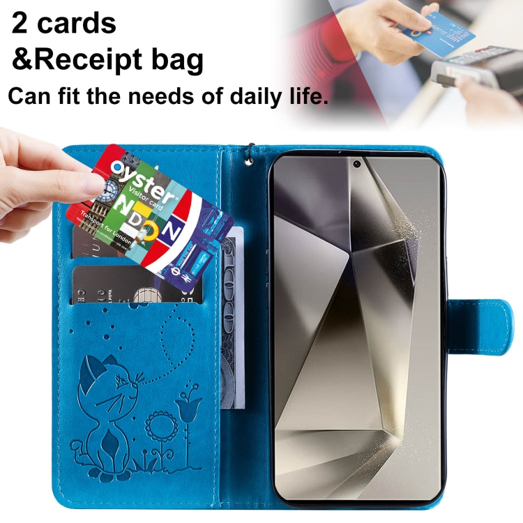 For Samsung Galaxy S25 Ultra 5G Cat and Bee Embossed Flip Leather Phone Case(Blue)