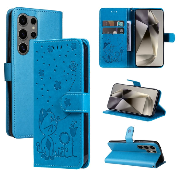 For Samsung Galaxy S25 Ultra 5G Cat and Bee Embossed Flip Leather Phone Case(Blue)