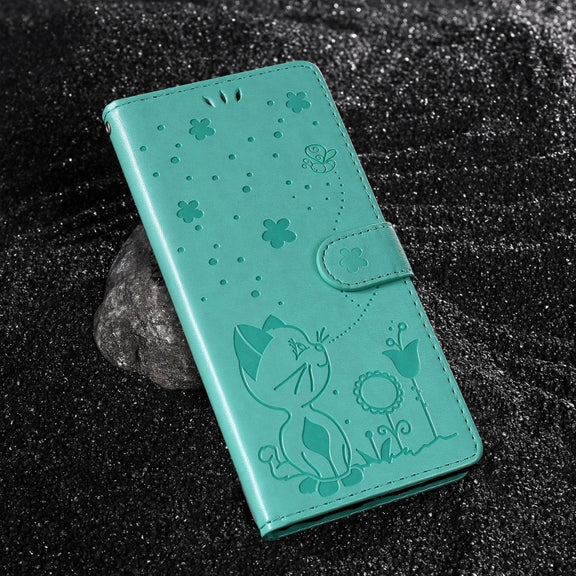 For Samsung Galaxy S25 Ultra 5G Cat and Bee Embossed Flip Leather Phone Case(Green)