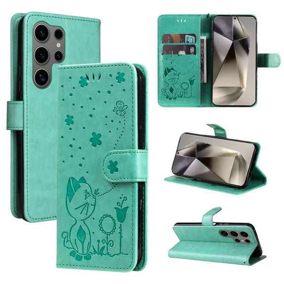 For Samsung Galaxy S25 Ultra 5G Cat and Bee Embossed Flip Leather Phone Case(Green)