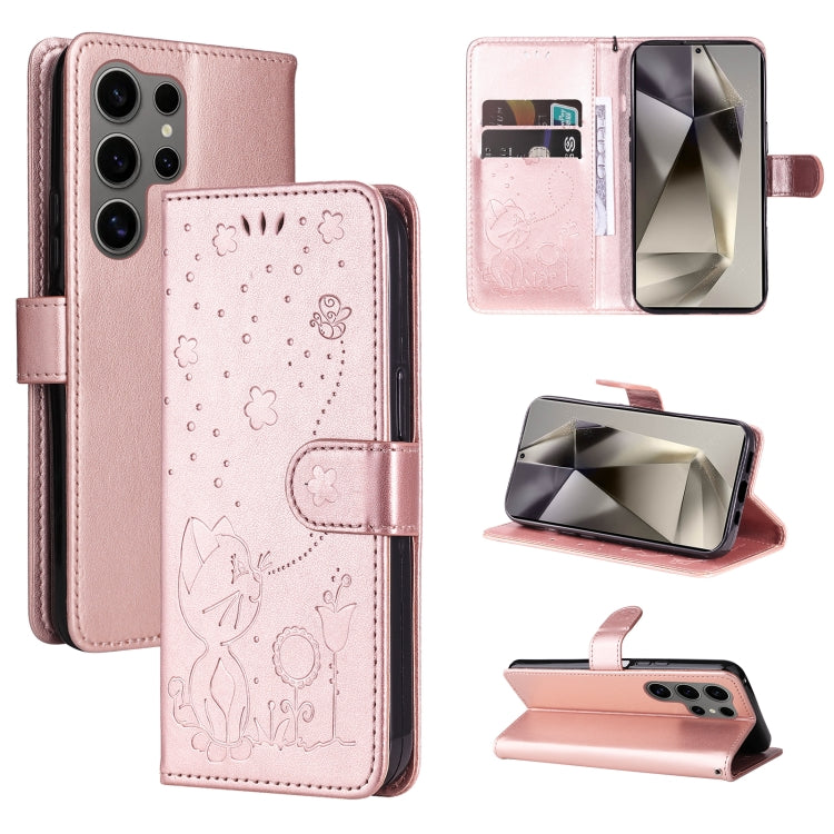 For Samsung Galaxy S25 Ultra 5G Cat and Bee Embossed Flip Leather Phone Case(Rose Gold)