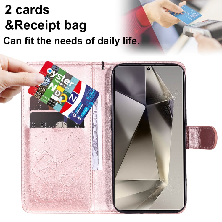 For Samsung Galaxy S25 Ultra 5G Cat and Bee Embossed Flip Leather Phone Case(Rose Gold)