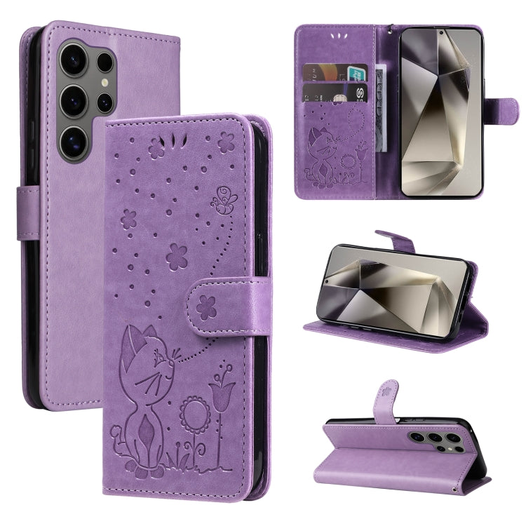 For Samsung Galaxy S25 Ultra 5G Cat and Bee Embossed Flip Leather Phone Case(Purple)