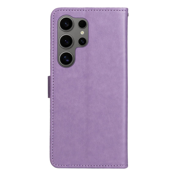 For Samsung Galaxy S25 Ultra 5G Cat and Bee Embossed Flip Leather Phone Case(Purple)