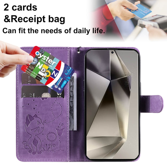 For Samsung Galaxy S25 Ultra 5G Cat and Bee Embossed Flip Leather Phone Case(Purple)